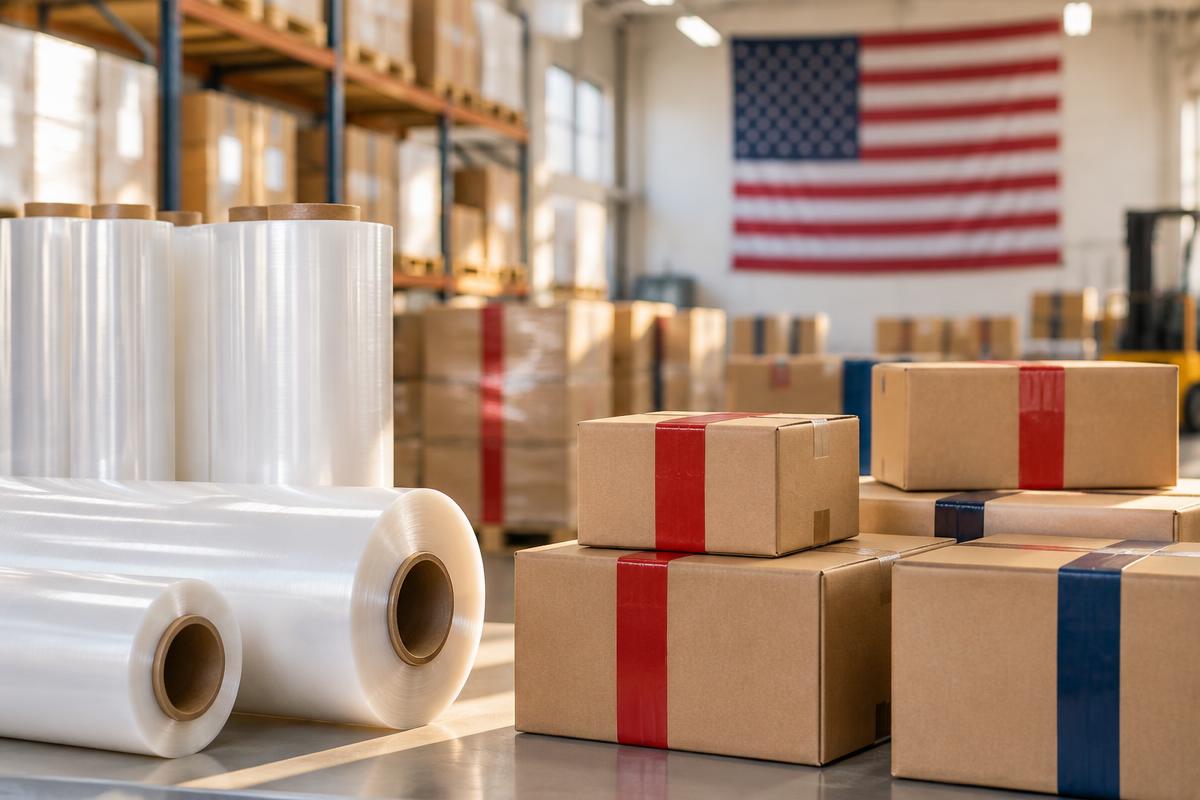 Transfer film rolls and taped shipping boxes in a bright warehouse