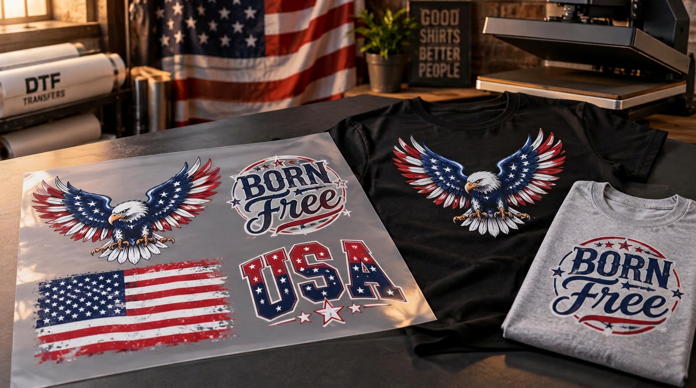 Full-color DTF heat transfer film being peeled from a pressed black t-shirt