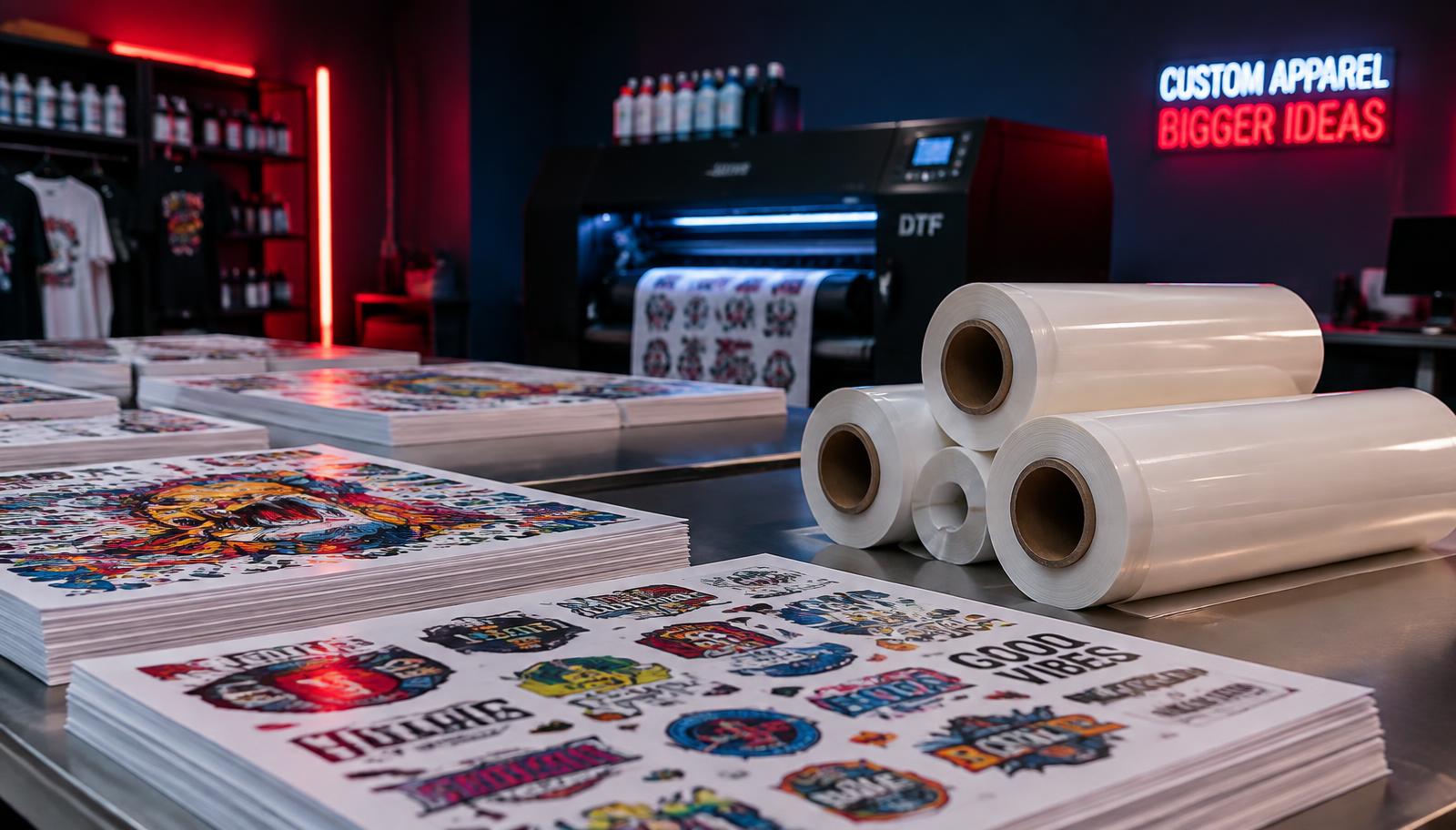 Rolls of DTF transfer film and stacks of printed gang sheets in a print shop