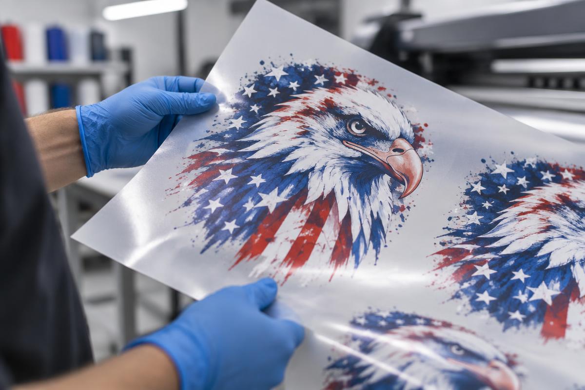 Gloved hands inspecting a printed DTF transfer sheet under shop lighting