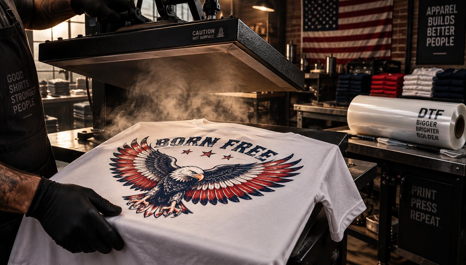 Heat press applying a full-color DTF transfer to a white t-shirt