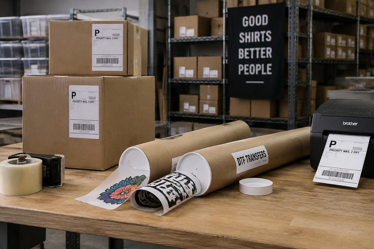 Packed boxes and rolled DTF transfer sheets ready to ship