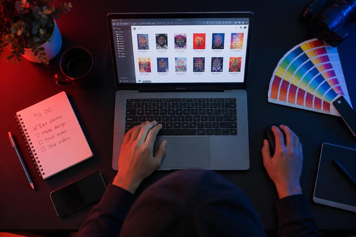 Designer arranging colorful artwork files on a laptop before printing